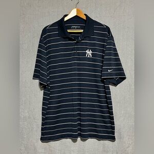 Nike Golf DRI-FIT Navy Striped Polo with White New York Yankees Logo